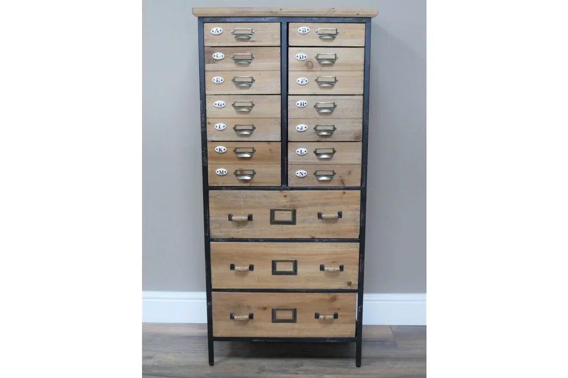 Industrial style wooden chest of drawers with metal frame and multiple labelled drawers