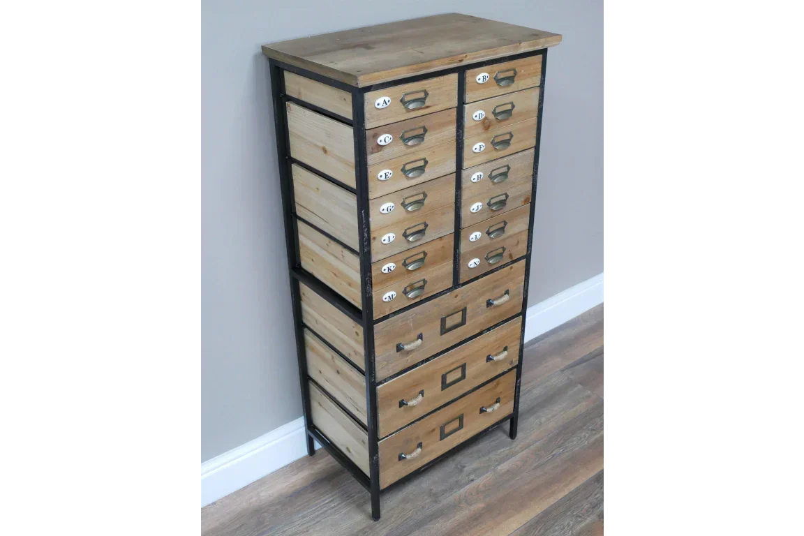 Industrial wooden storage cabinet with 14 drawers and metal frame on laminate floor