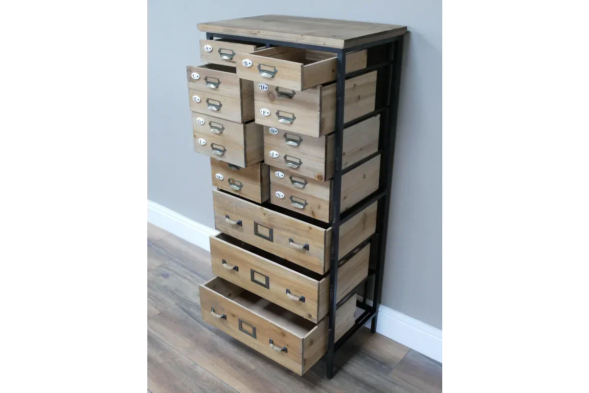 Industrial style storage cabinet with multiple wooden drawers and black metal frame