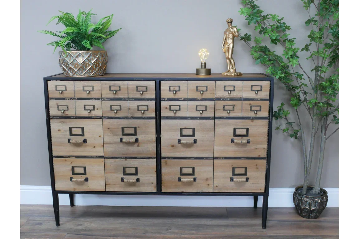 Industrial wood sideboard with metal frame, multiple drawers, decorative plants on top