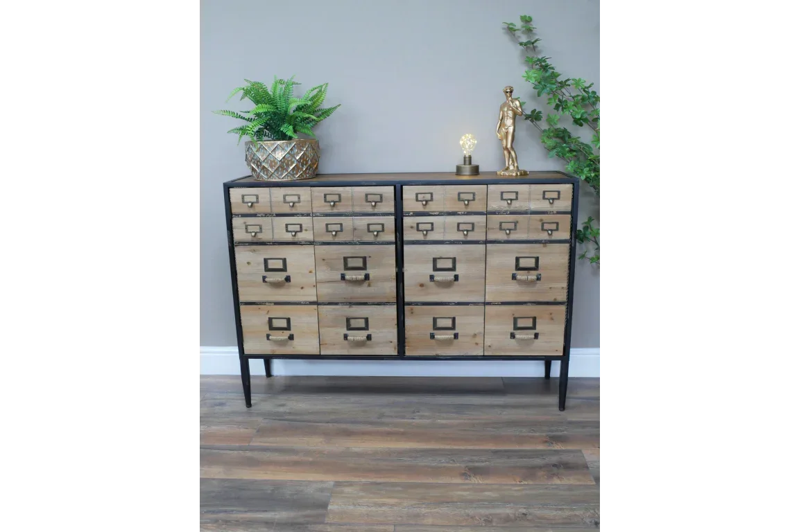 Industrial sideboard with multiple wooden drawers, black frame and metal handles