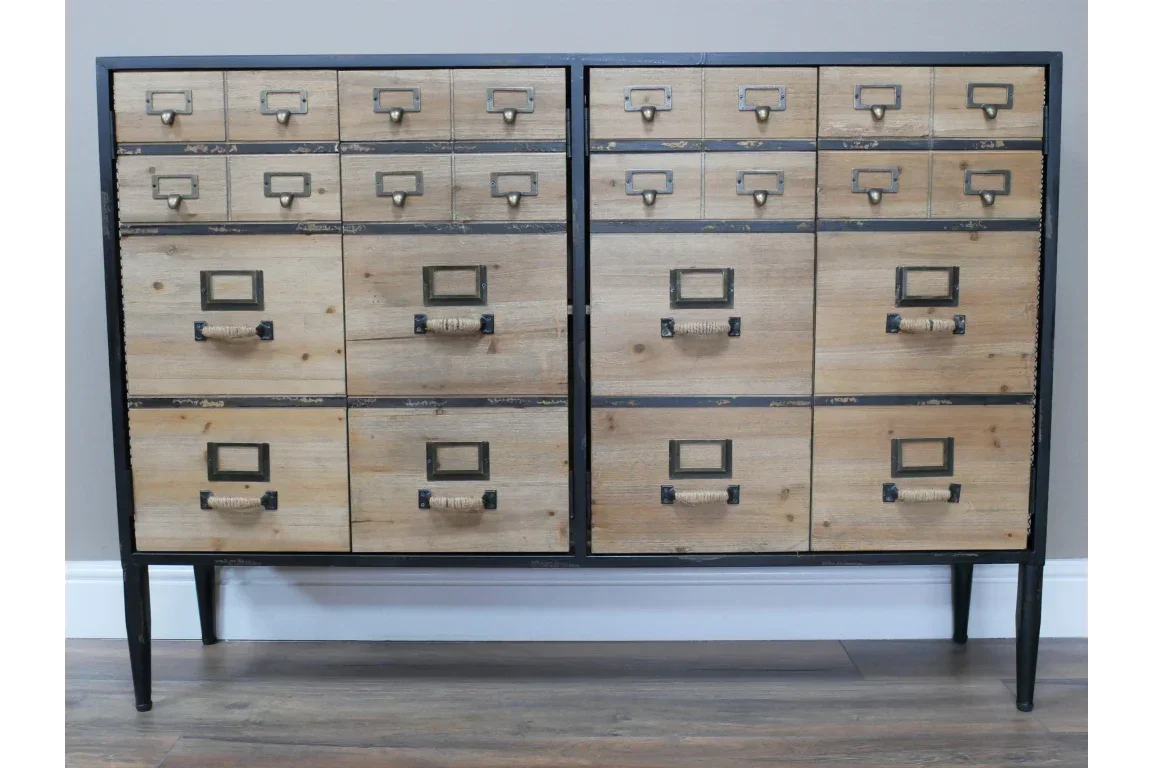 Industrial sideboard storage cabinet with multiple labeled wood drawers and metal handles