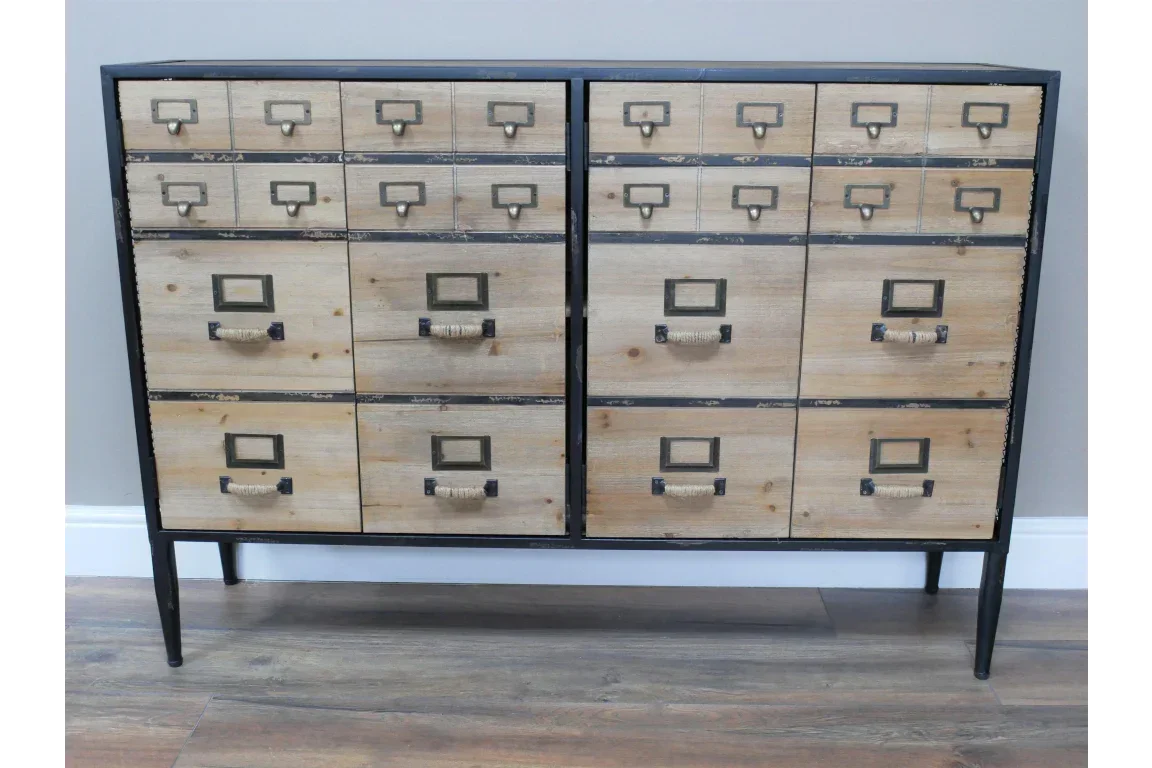 Industrial wooden sideboard with metal frame and multiple drawers on dark legs