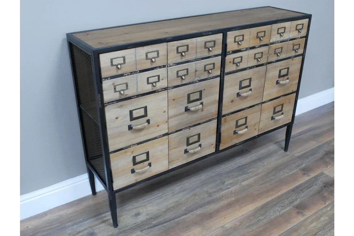 Industrial storage cabinet with twelve wooden drawers, black metal frame, and rope handles