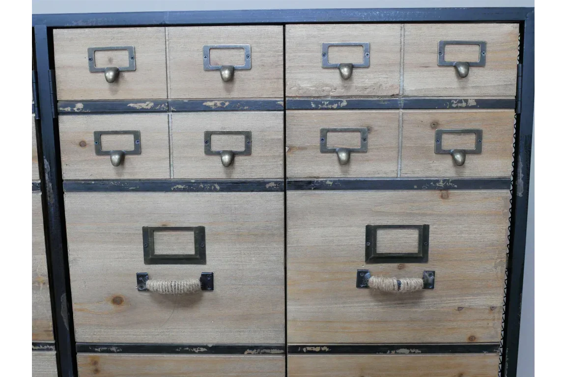 Industrial style wooden chest of drawers with metal handles and rope pull accents