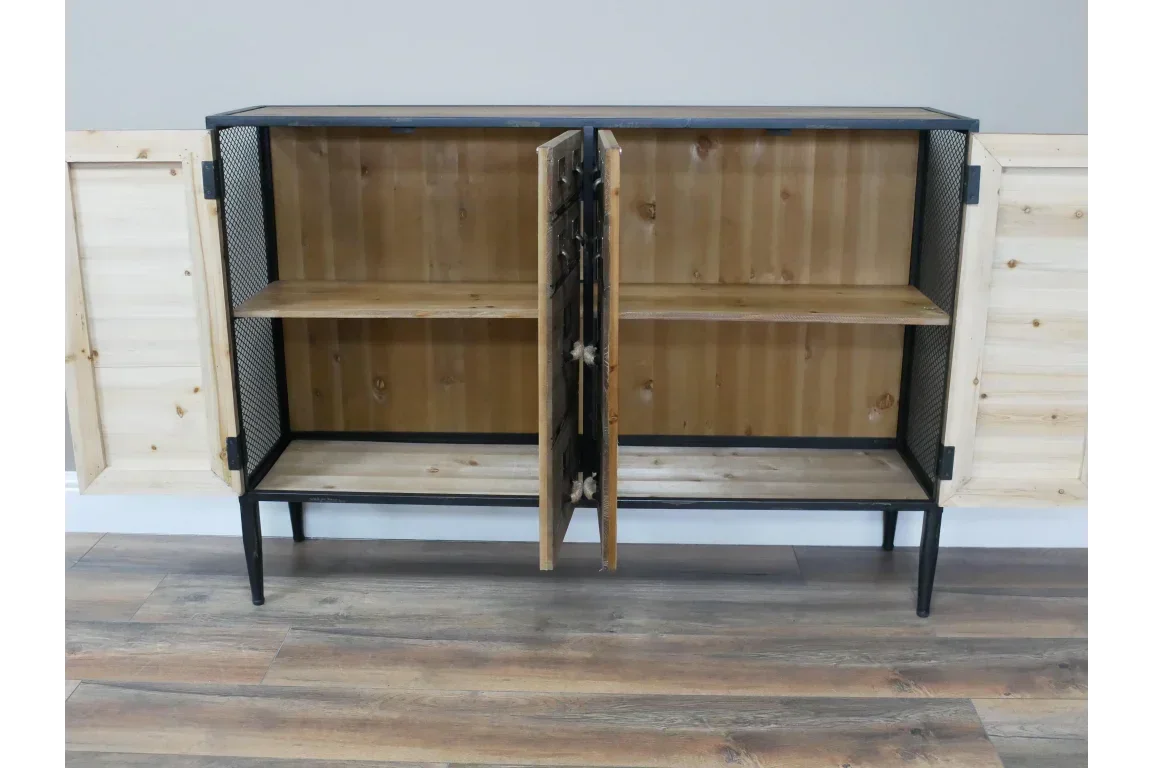 Industrial sideboard cabinet with mesh panel doors open, wood shelves visible inside