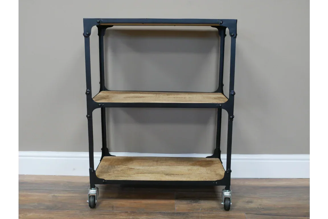 Industrial style three tier shelving unit with metal frame and wood shelves on wheels