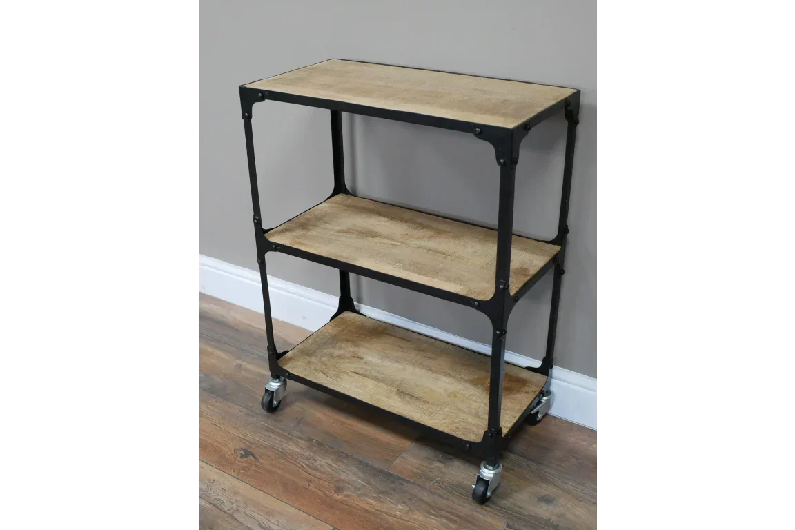 Three tier industrial shelving unit with black metal frame and wood shelves on castor wheels
