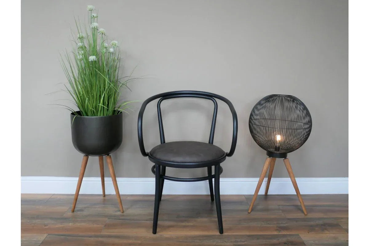 Black modern accent chair with curved backrest flanked by tall planter and wire floor lamp