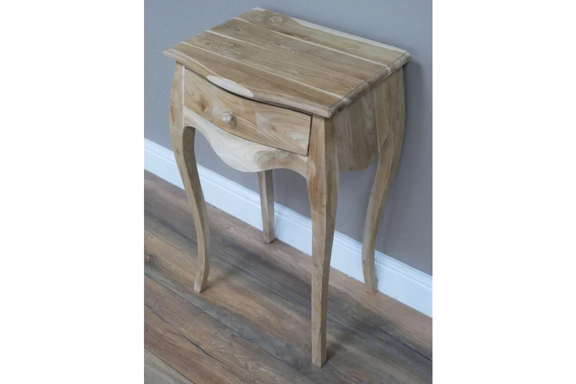 Solid wood bedside table with curved legs and single drawer, natural finish