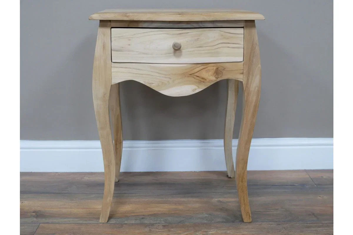 Natural wood bedside table with curved legs and single drawer front view