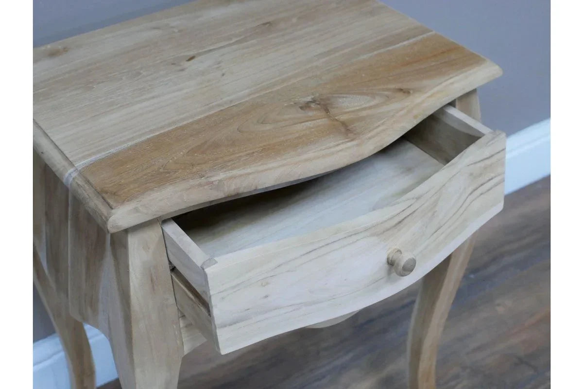 Solid wood bedside table with curved drawer open showing light natural grain finish