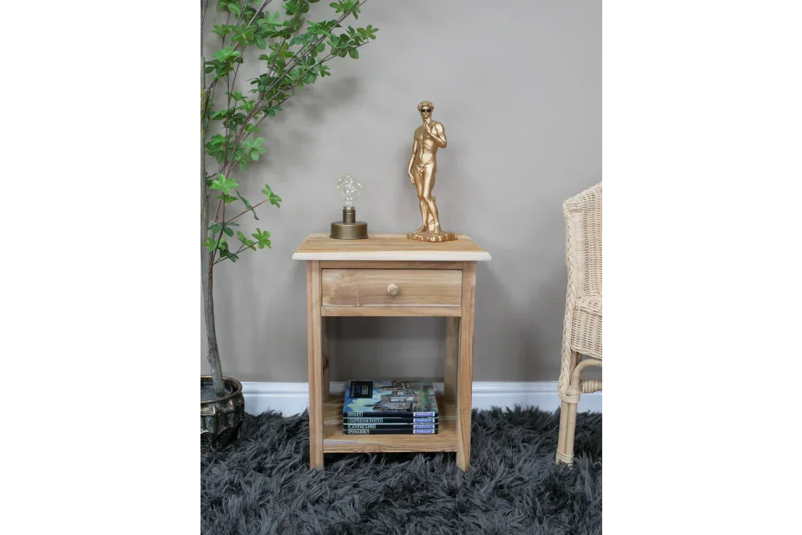 Oak bedside table with drawer and shelf, styled with lamp and decor on grey rug