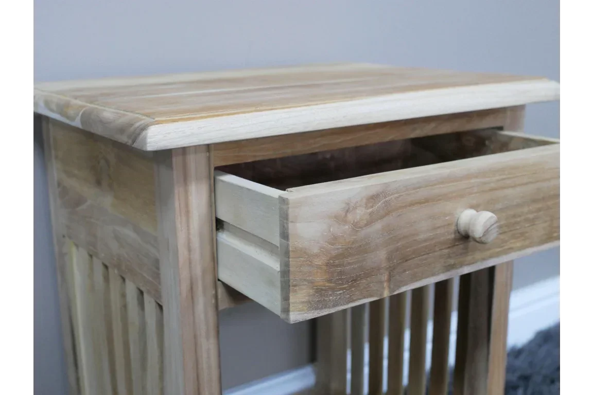 Wooden bedside table with an open drawer, natural finish, slatted side design