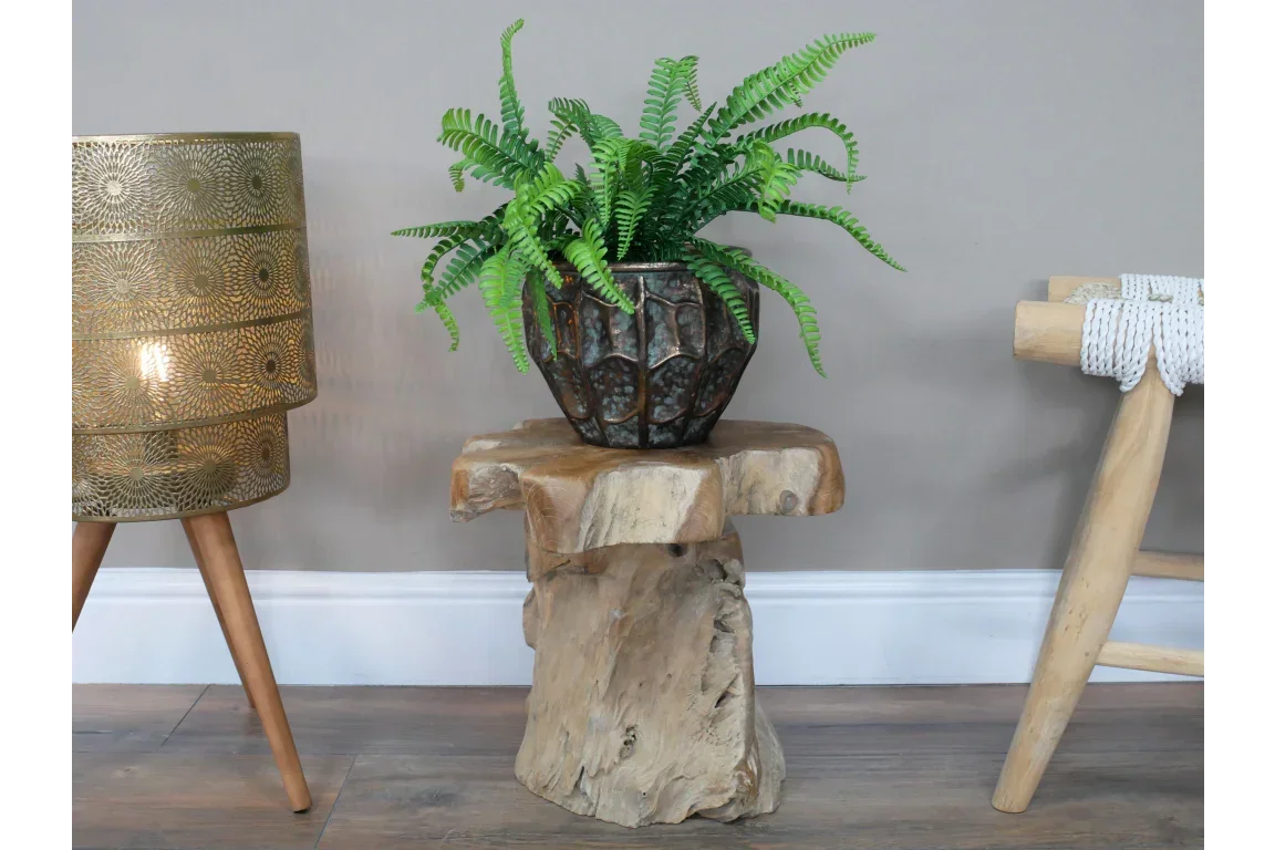 Rustic wooden side table with potted fern plant in living room setting