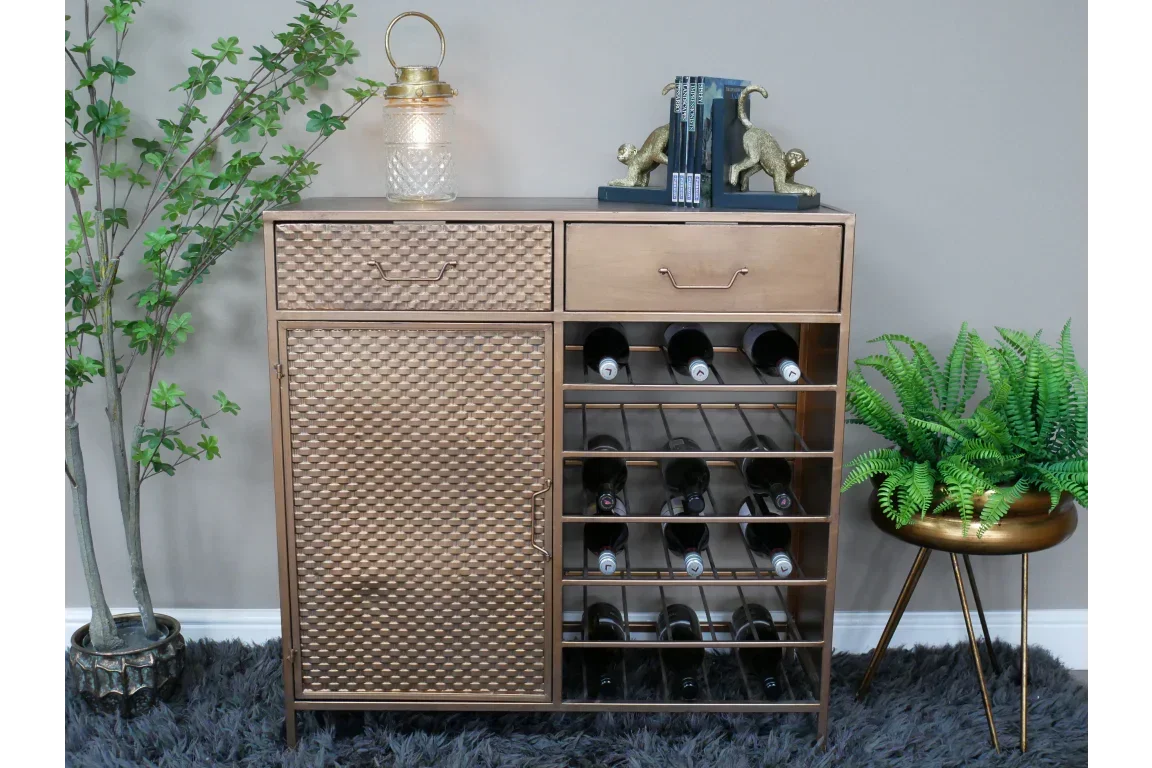 Bronze metal wine cabinet with storage drawers and bottle racks, displayed in a modern room