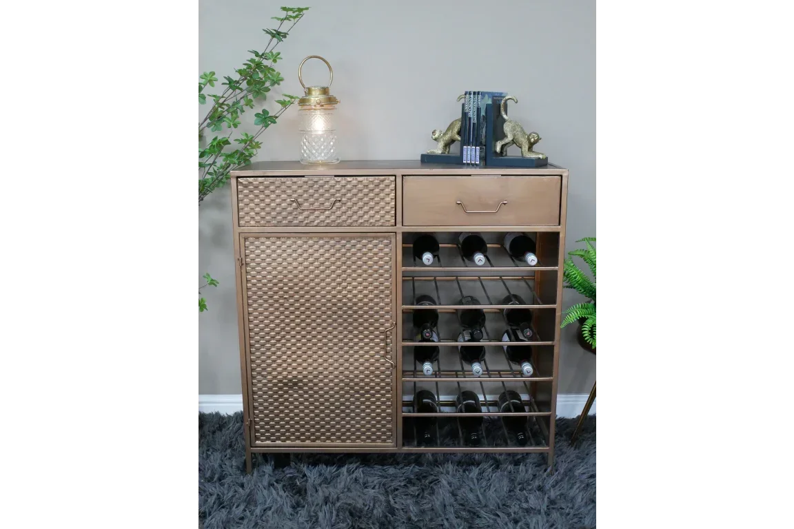 Bronze metal wine cabinet with textured doors, bottle racks, and decorative top accents