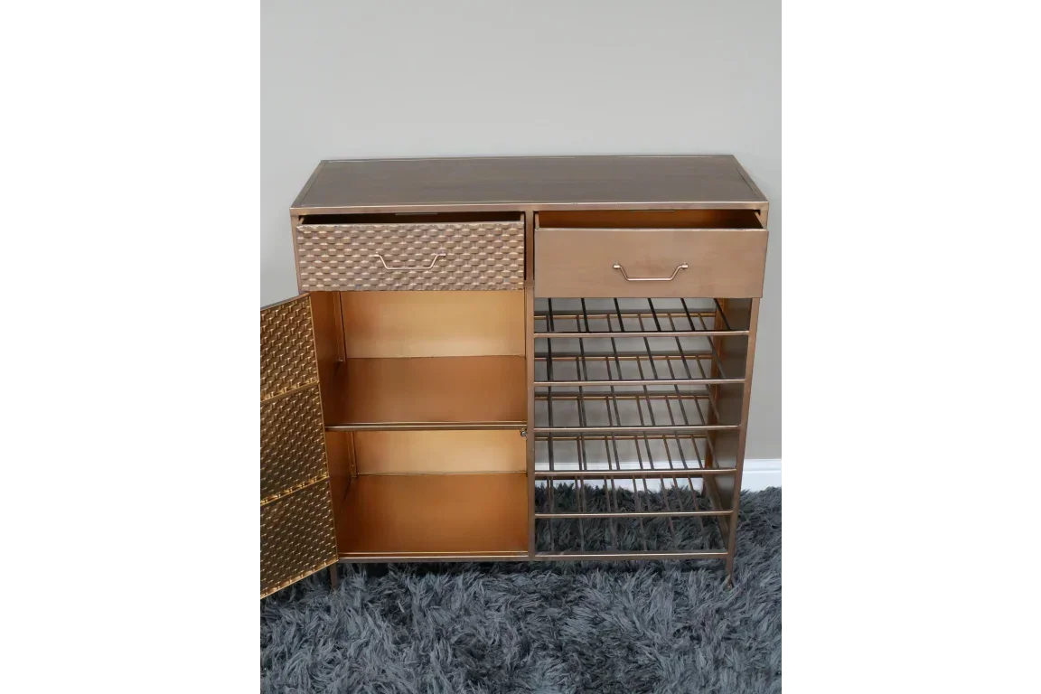 Gold metal storage cabinet with drawers, shelves, open wine rack and patterned door