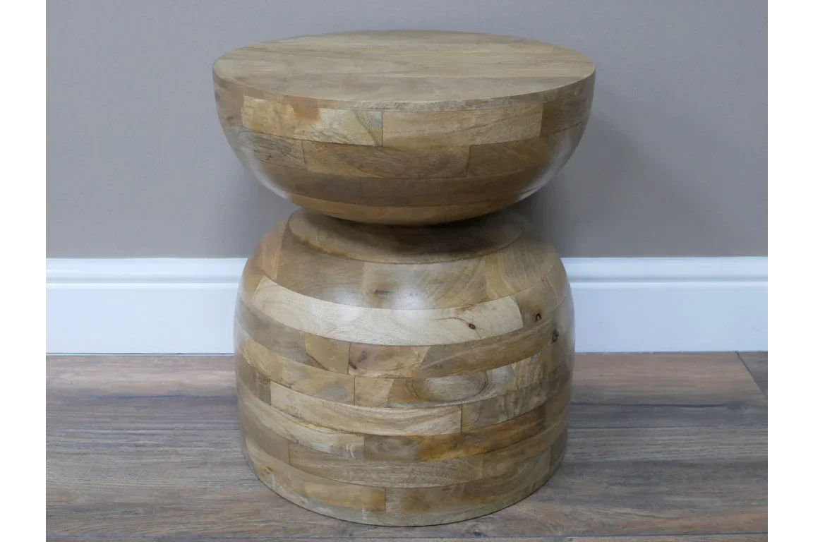 Round solid wood side table with natural finish and unique stacked geometric base