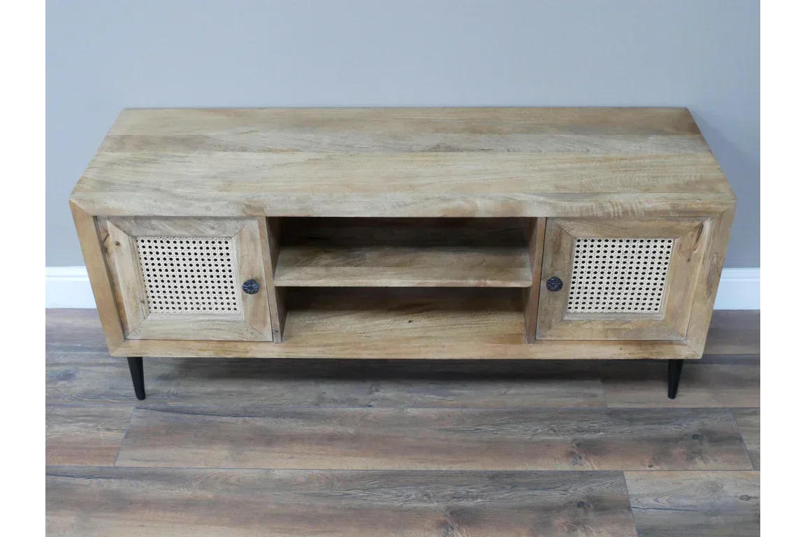 Solid wood TV unit with rattan cabinet doors, open shelves and black metal legs
