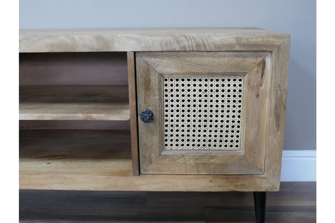 Wood sideboard with open shelving and rattan door on black legs