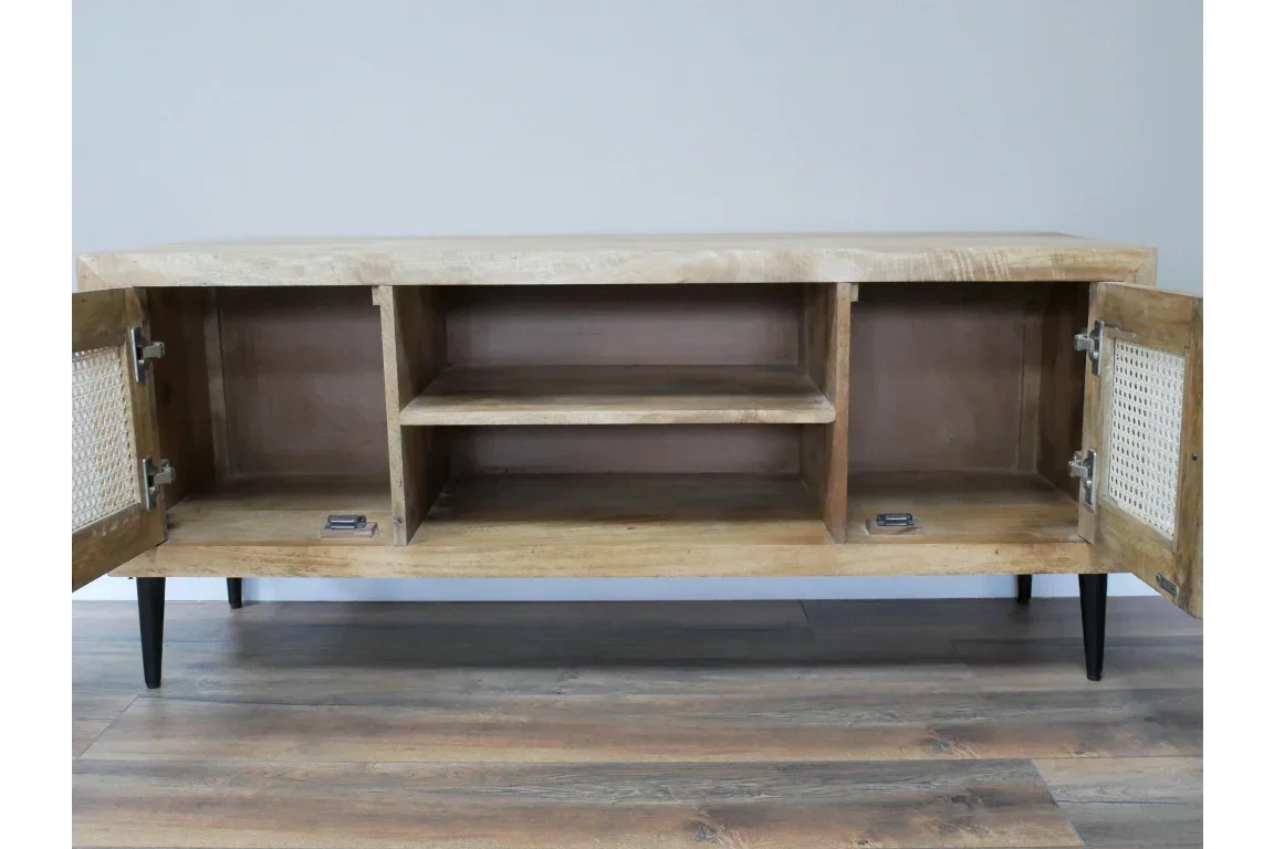 Wood sideboard cabinet with open doors, cane panels, central shelf and black legs