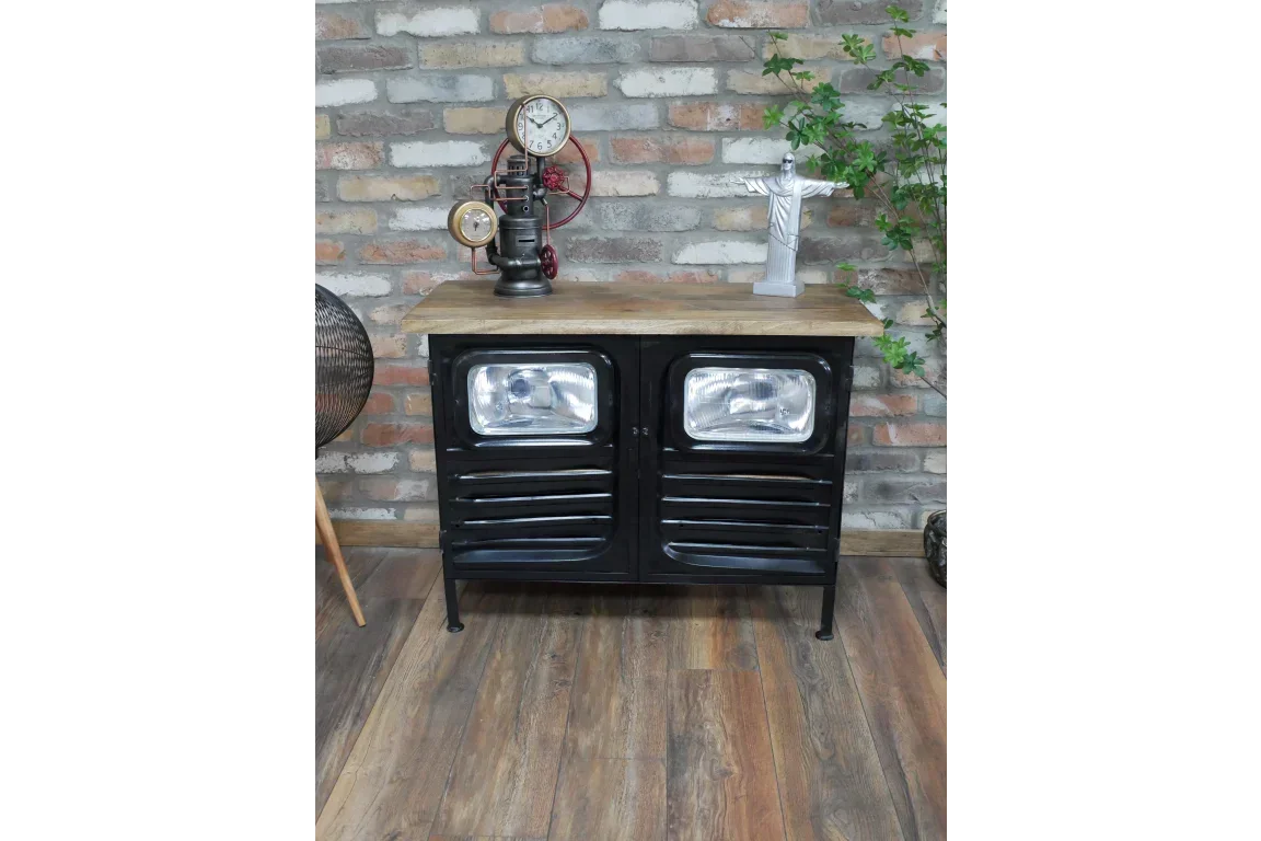 Industrial black sideboard with wood top, metal doors featuring headlight accents