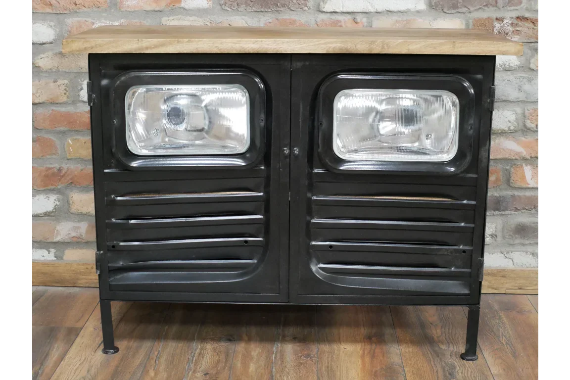 Industrial sideboard cabinet with metal front, headlight panels, and wooden top
