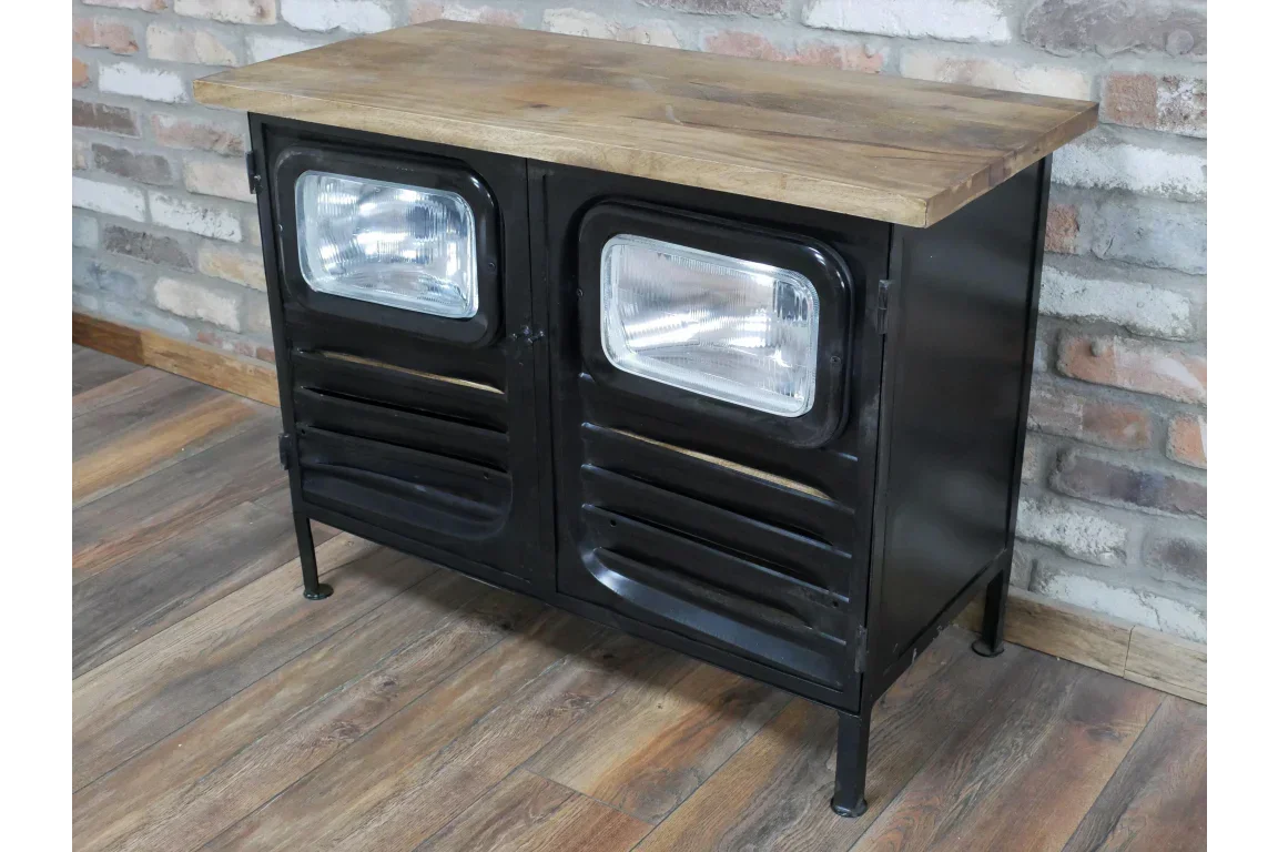Industrial sideboard cabinet with black metal body, wood top, and headlight-style doors