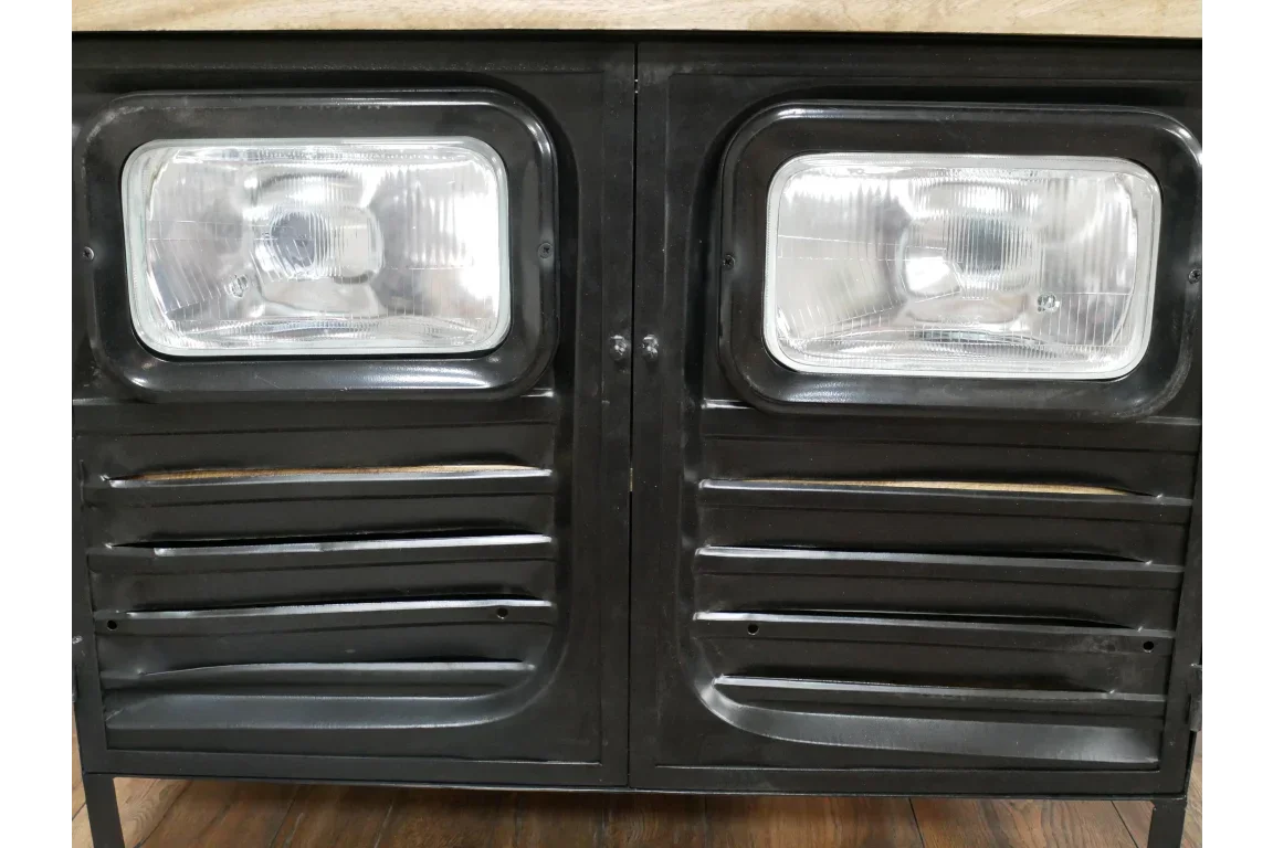 industrial sideboard cabinet with black metal doors and headlight detail
