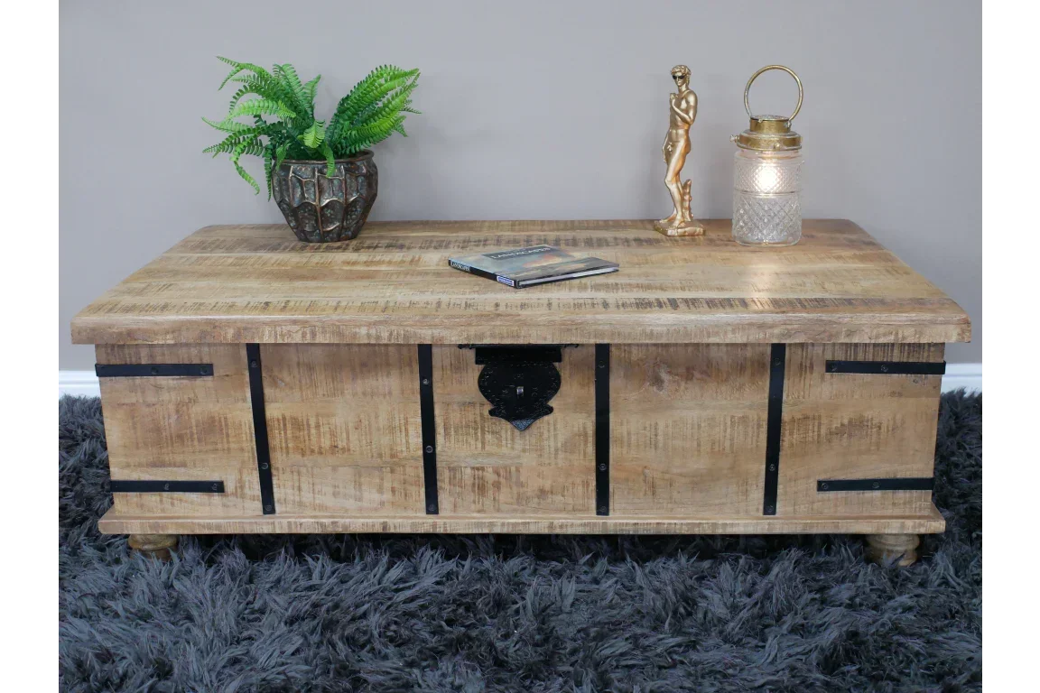 Solid wood storage coffee table with black metal accents on grey rug