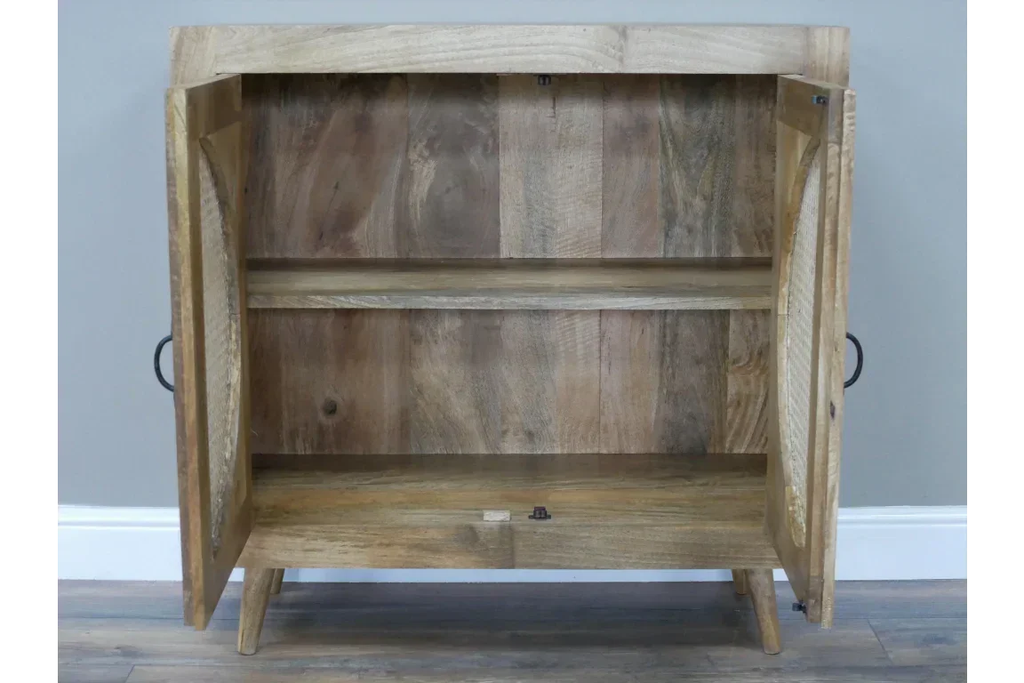 Mango wood sideboard with open doors and shelf on wooden floor