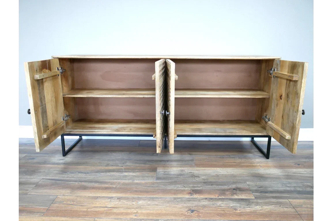 Wooden sideboard with black metal legs, two open doors, and spacious inner shelf