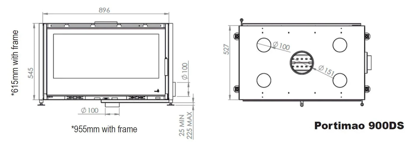 Portimao 900 Double Side 8kW Wood Burning (Eco) - Technical Drawing