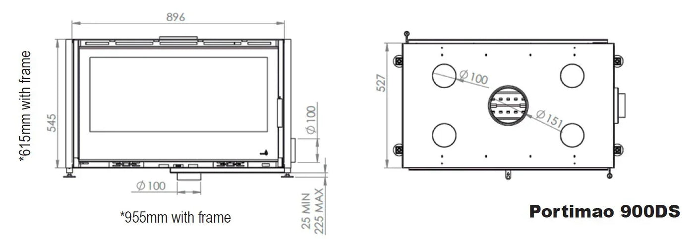Portimao 900DS stove technical drawing with front and top dimensions marked