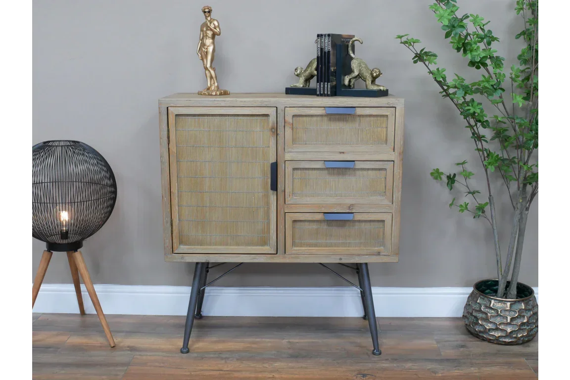 Wooden sideboard with three drawers and metal legs in modern living room setting