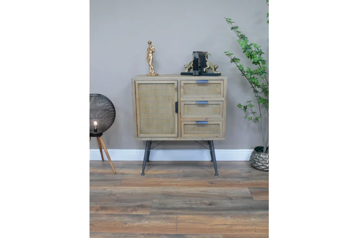 Wooden sideboard with black metal legs, three drawers and one door, styled in living room