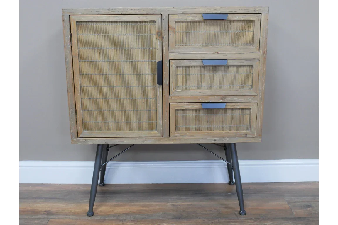 Wooden storage cabinet with three drawers, slatted door, and black metal legs