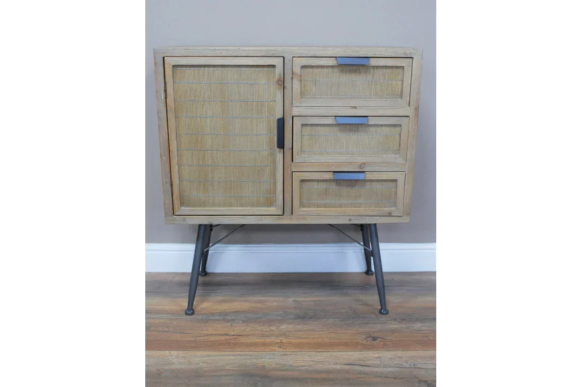 Wooden sideboard with rattan panel door, three drawers and black metal legs on wood floor