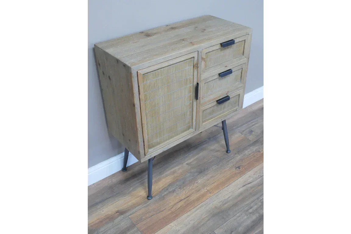 Wooden sideboard with three drawers, one cupboard and black metal legs on wood floor