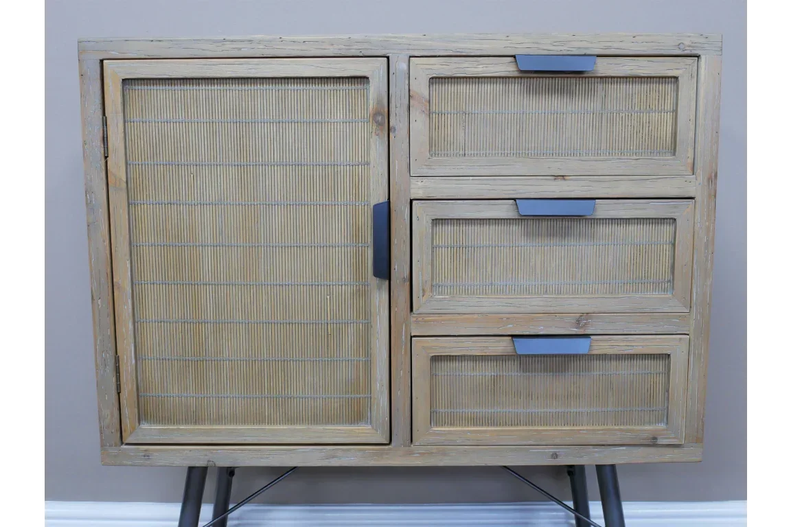 Wooden sideboard with three drawers, one cabinet door and woven rattan panels