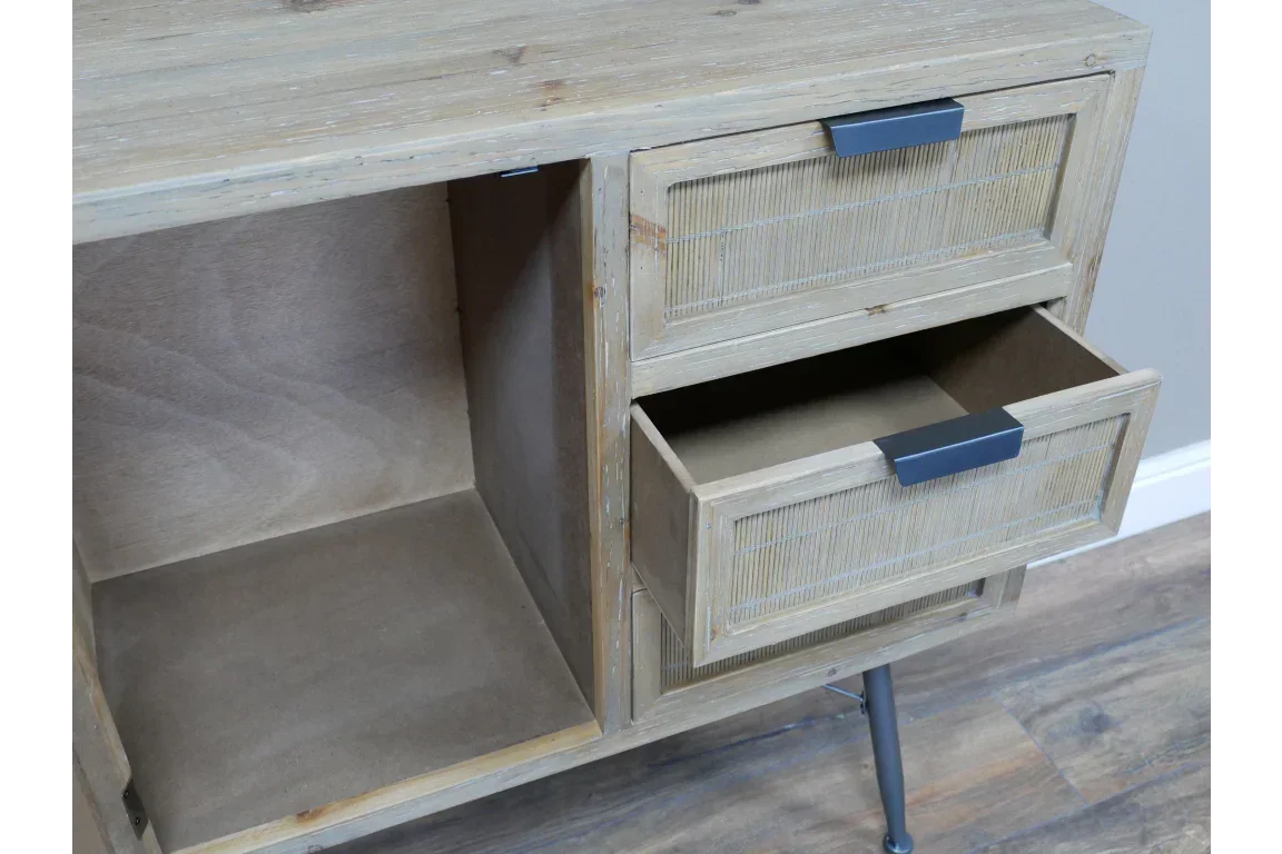 Wooden sideboard cabinet with black metal legs and two open drawers, close-up view