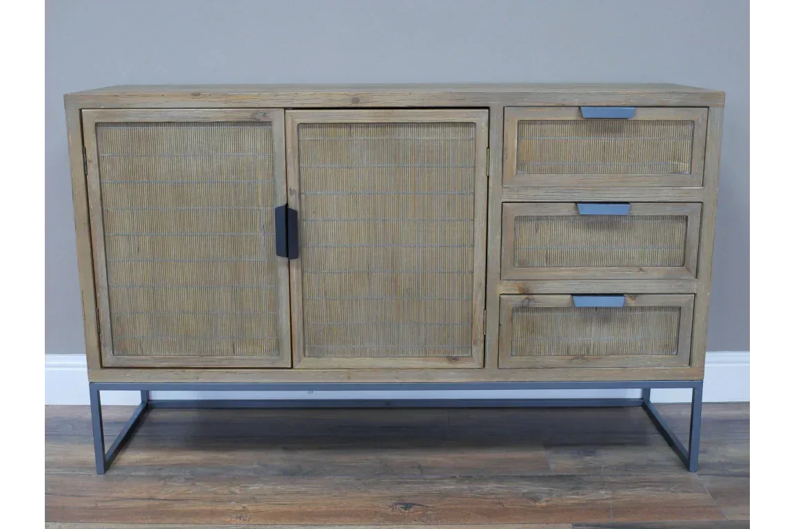 Wooden sideboard cabinet with metal legs, two doors, and three drawers on wooden floor