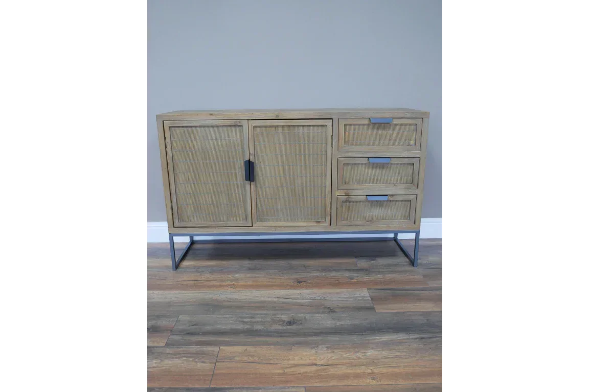 Wood sideboard with two doors, three drawers and black metal legs on wood flooring