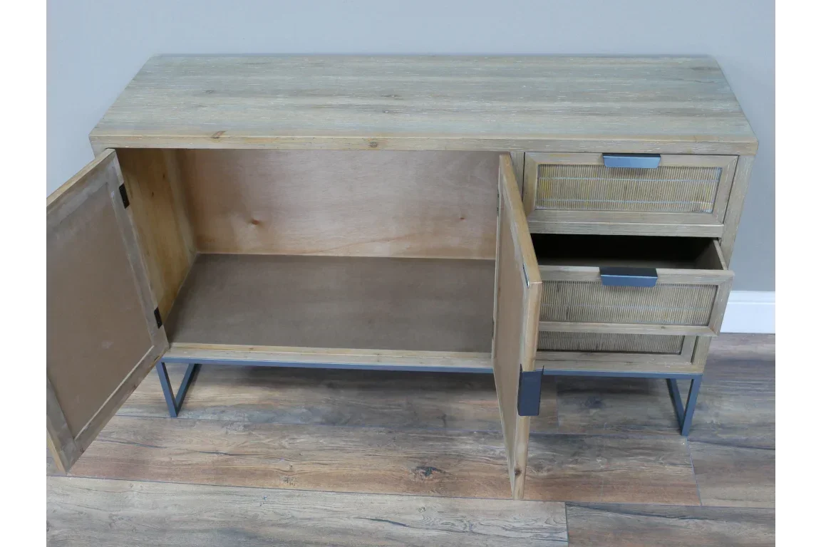 Wooden sideboard with open cupboard and drawers, black handles, metal legs, oak finish