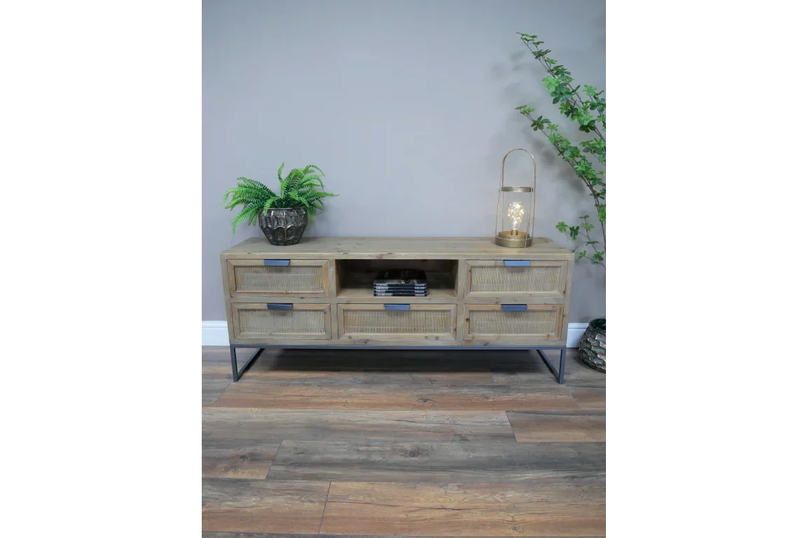 Wooden sideboard with six drawers, open shelf, black handles, and metal legs