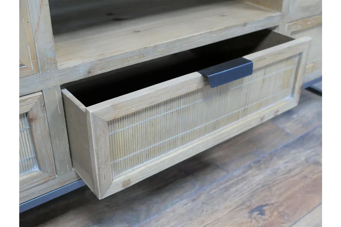 Light wood storage unit drawer with metal handle and ribbed panel detail