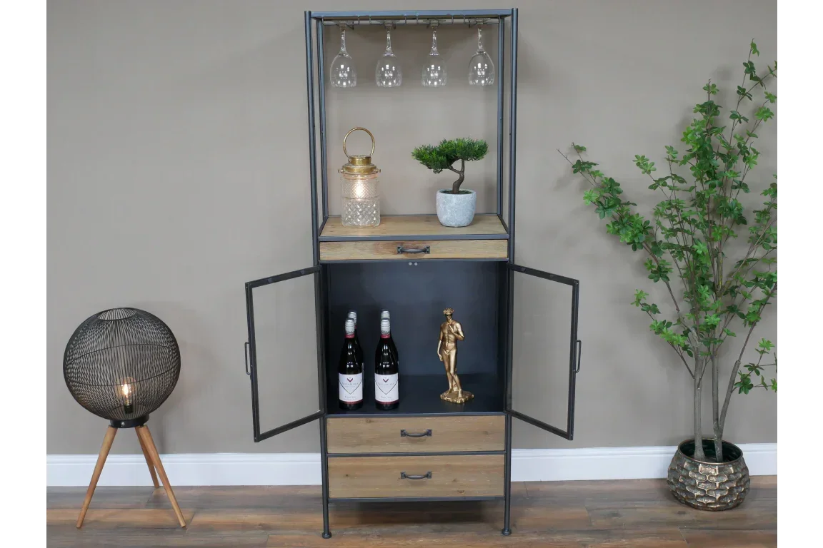 Industrial style drinks cabinet with glass holders, wood drawers and black metal frame