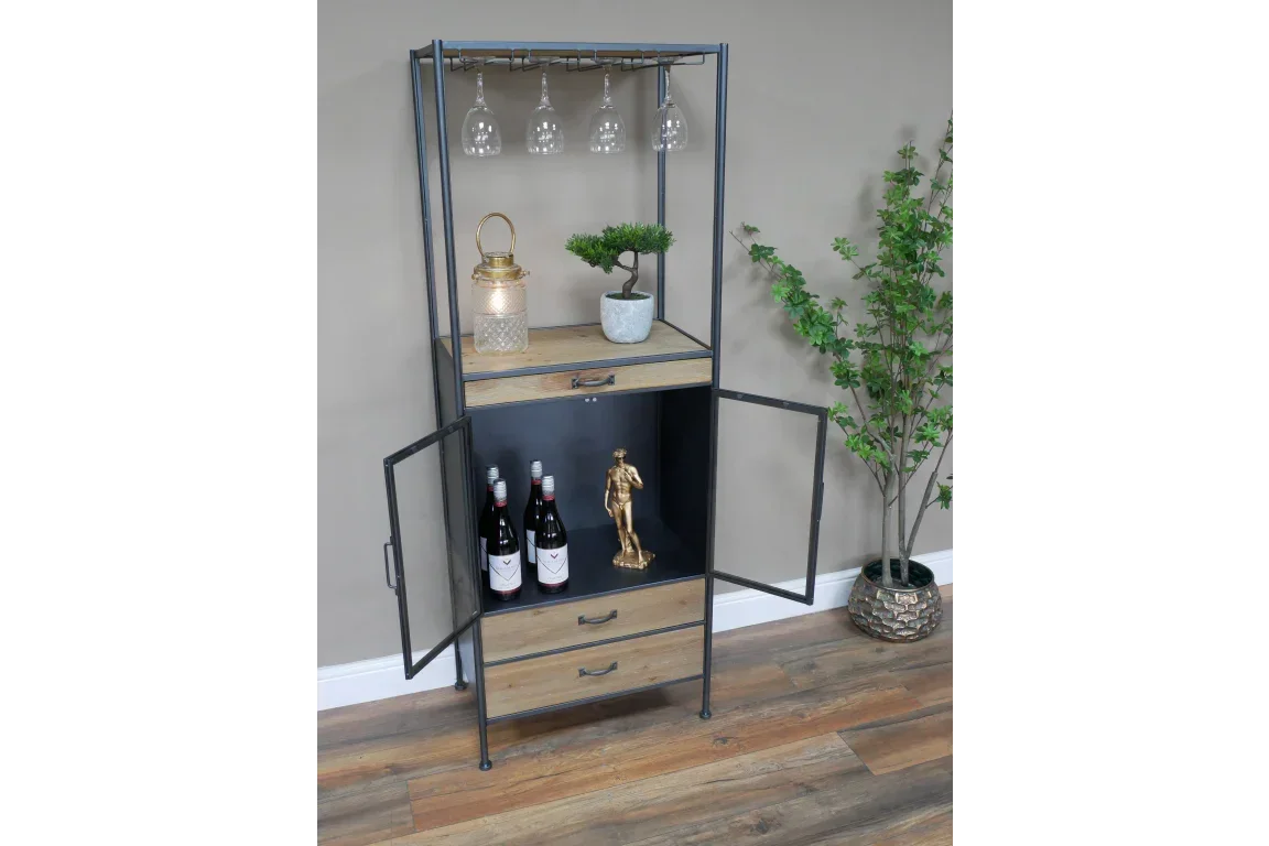 Industrial style drinks cabinet with wood shelves, glass holder, and lower storage cupboard