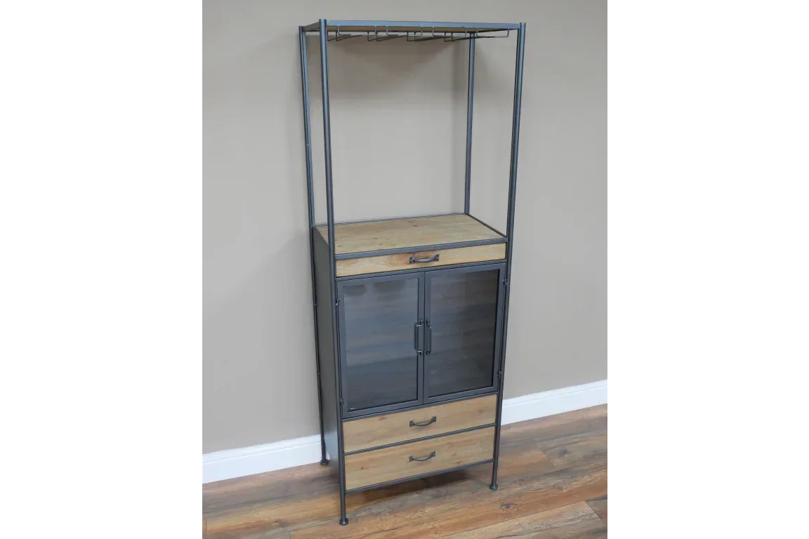 Industrial shelving unit with wood shelves, metal frame, glass doors and two storage drawers